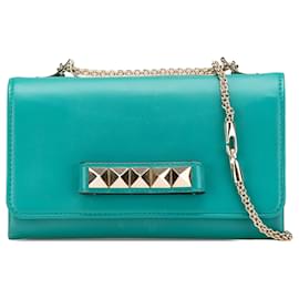 Valentino-Valentino Blue Leather Rockstud Va Va Voom Clutch on Chain-Blue,Turquoise