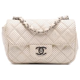 Chanel-Chanel White Mini Perforated Lambskin Punch Flap-White,Cream