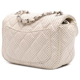 Chanel-Chanel White Mini Perforated Lambskin Punch Flap-White,Cream
