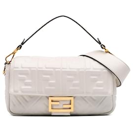 Fendi-Fendi White Zucca Embossed Leather Baguette Satchel-White