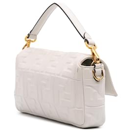 Fendi-Fendi White Zucca Embossed Leather Baguette Satchel-White