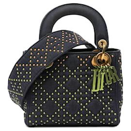 Dior-Dior Blue Mini Denim Cannage Studded Supple Lady Dior-Blue,Navy blue