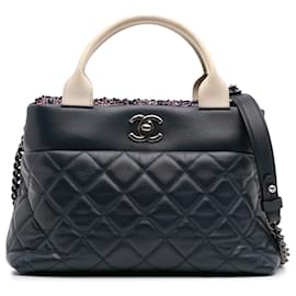 Chanel-Chanel Blue Small Quilted Calfskin and Tweed Top Handle Tote-Blue,Beige,Other