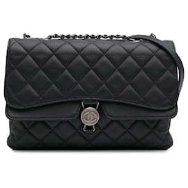 Chanel-Chanel Black Small Quilted Grained Calfskin CC Round Clasp Accordion Flap-Black