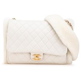 Chanel-Chanel White Quilted Lambskin and Shearling CC Muff Flap-White,Cream