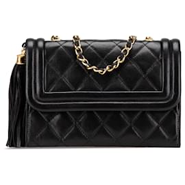 Chanel-Chanel Black Mini Quilted Lambskin Tassel Flap Crossbody-Black