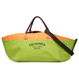 Hermès-Hermès Orange Toile Fourre Tout du Cavalier Carryall Tote-Other,Dark brown