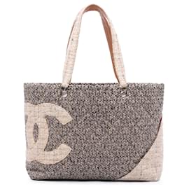 Chanel-Chanel Gray Large Quilted Tweed Cambon Ligne Tote-Pink,Other