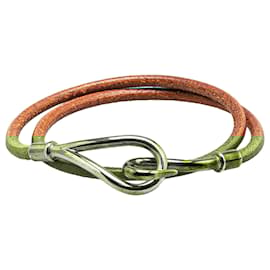 Hermès-Hermès Silver Palladium Plated and Leather Jumbo Hook Double Tour Bracelet-Brown,Silvery