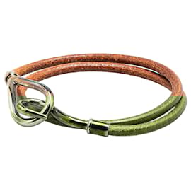 Hermès-Hermès Silver Palladium Plated and Leather Jumbo Hook Double Tour Bracelet-Brown,Silvery