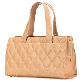 Chanel-Chanel Brown CC Lambskin Wild Stitch Handbag-Brown,Beige