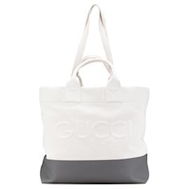 Gucci-Gucci White Canvas Embossed Logo Tote-White