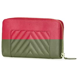 Chanel-Chanel Red Chevron Sheepskin Mademoiselle Zip Around Wallet-Red