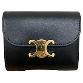 Céline-Celine Shiny Calfskin Triomphe Tri-Fold Mini Wallet-Black