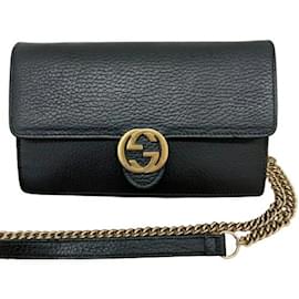 Gucci-GUCCI 510314 Interlocking Chain Shoulder Wallet Black-Black