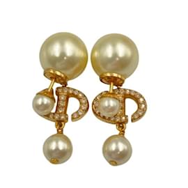Christian Dior-Christian Dior DIOR Pearl and Rhinestone Earrings-Golden