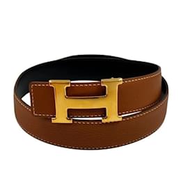 Hermès-Hermes H Buckle Faubourg & Leather Belt-Brown