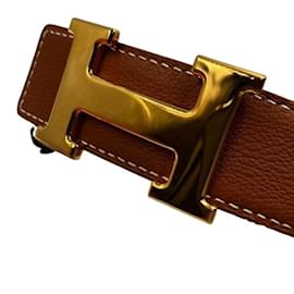 Hermès-Hermes H Buckle Faubourg & Leather Belt-Brown