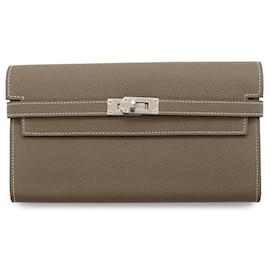 Hermès-Hermes Long Wallet Kelly in Etoupe Gray-Taupe