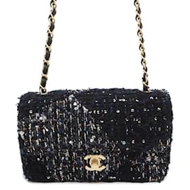 Chanel-Chanel Navy Tweed Chain Shoulder Bag-Navy blue