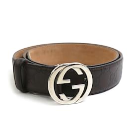 Gucci-Cinto de couro Gucci com G entrelaçado-Prata,Castanho escuro