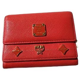 MCM Vintage Studded Charm Trifold Wallet Red Red