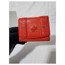 MCM Vintage Leather Studded Trifold Wallet Red Red