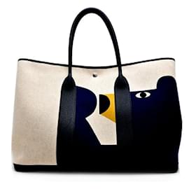 Hermès-Sac fourre-tout à motif ours GM Hermes Garden-Écru,Bleu Marine