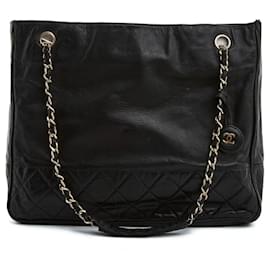 Chanel-Chanel 1980 PM Timeless Classic Black Leather Shopping Tote Bag-Black