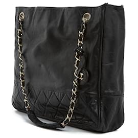 Chanel-Chanel 1980 PM Timeless Classic Black Leather Shopping Tote Bag-Black