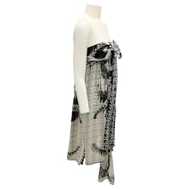 Chanel-Chanel Ivory / Black 2010 Camellia CC Logo Print Strapless Silk Chiffon Dress-Cream