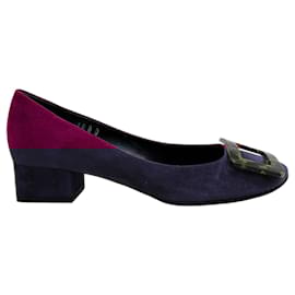 Roger Vivier-Roger Vivier Magenta Suede Low Pumps with Tortoise Buckle-Pink