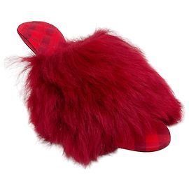 Burberry Prorsum Red Shearling Slide Sandals with Plaid Red