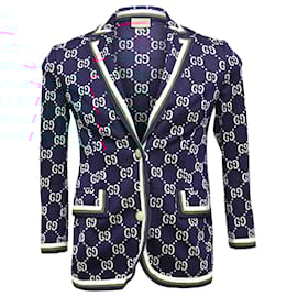 Gucci- Gucci Jacquard Monogram Blazer in Navy Blue Cotton-Blue,Navy blue
