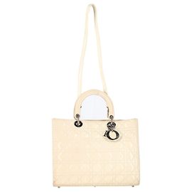 Dior Cannage Quilted Large Lady Dior Bag in Ivory Patent Leather White Cream