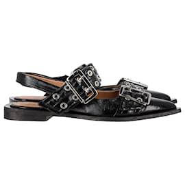 Ganni- Ganni Buckled Slingback Ballet Flats in Black Leather-Black