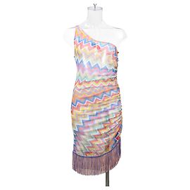 Missoni Ein-Schulter-Fransen-Crochet-Strick-Minikleid aus mehrfarbigem Polyester Mehrfarben