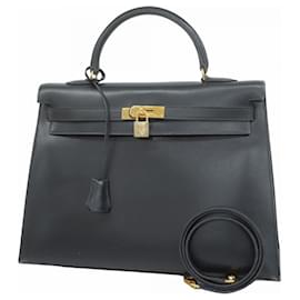 Hermès-Sac à main Hermes Kelly 35 en cuir de veau noir-Noir