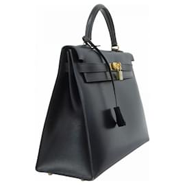 Hermès-Sac à main Hermes Kelly 35 en cuir de veau noir-Noir