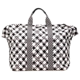 Chanel-Chanel White Printed Canvas Gingham Weekender Tote-White