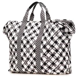 Chanel-Chanel White Printed Canvas Gingham Weekender Tote-White