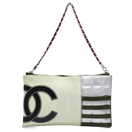 Chanel-Chanel White CC Canvas and Metallic Lambskin Flag Pochette-White,Other