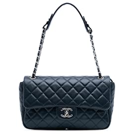 Chanel-Chanel Blue Jumbo Perforated Lambskin Single Flap-Blue,Navy blue