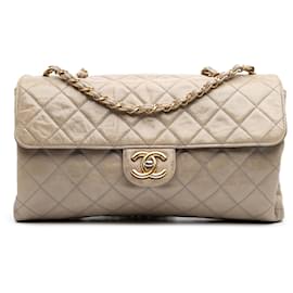 Chanel-Chanel Brown Jumbo CC Quilted Calfskin Straight Flap-Brown,Beige