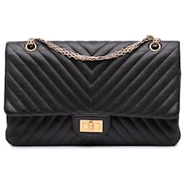 Chanel-Chanel Black Reissue 2.55 Chevron Sheepskin Double Flap 227-Black