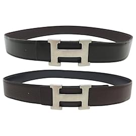 Hermès-CEINTURE HERMES BOUCLE H EN CUIR REVERSIBLE TOGO MARRON & BOX NOIR T80 BELT-Black