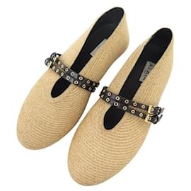 Alaïa-NINE ALAIA RAPHIA BALLET FLATS 37 DOUBLE STRAP IN LEATHER FLAT SHOES-Beige