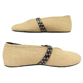Alaïa-NINE ALAIA RAPHIA BALLET FLATS 37 DOUBLE STRAP IN LEATHER FLAT SHOES-Beige