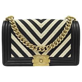 Chanel-NEW CHANEL BOY MEDIUM HANDBAG LEATHER & CANVAS CHEVRON SHOULDER PURSE-Black