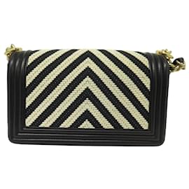 Chanel-NEW CHANEL BOY MEDIUM HANDBAG LEATHER & CANVAS CHEVRON SHOULDER PURSE-Black